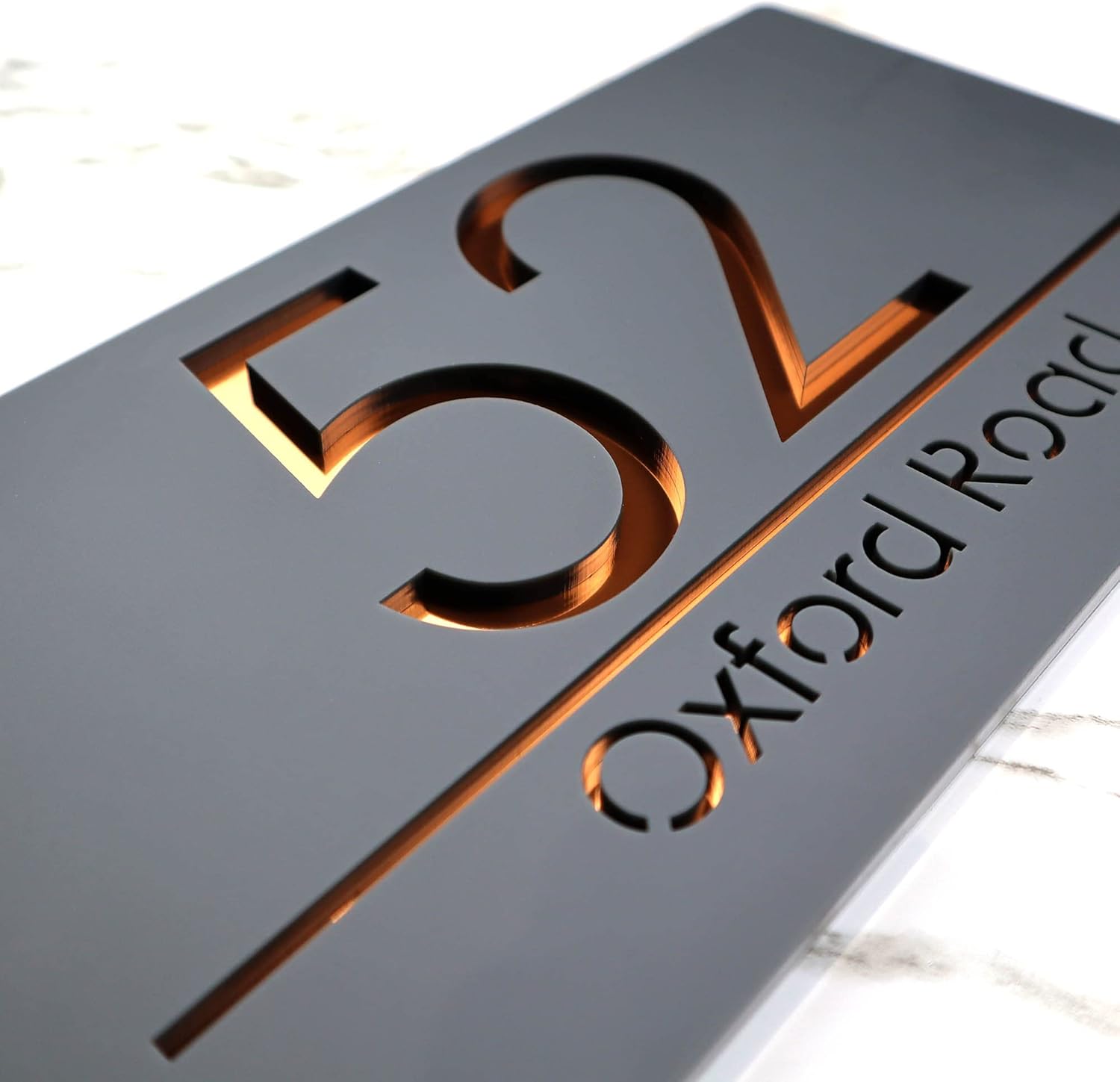K Smart | Bellisima H3 F31 Number Signs Personalised House Laser Cut 3d Door Street Address Grey Plaque | 300mm x 160mm (Matt Dark Gray & Copper Mirror)