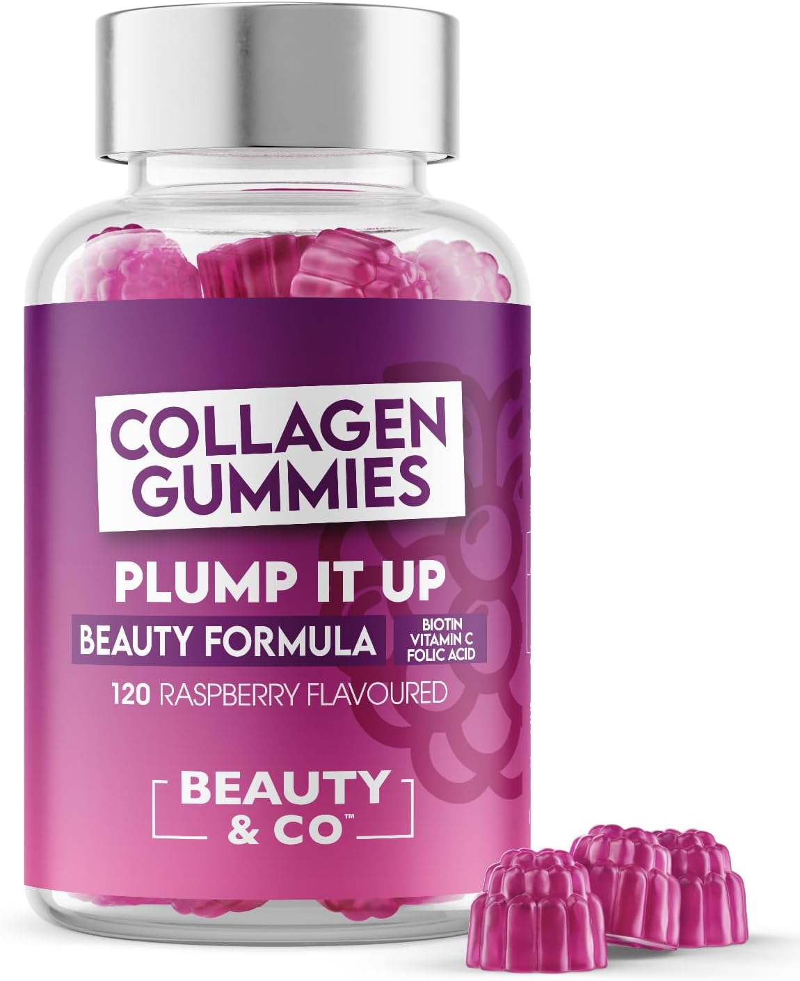 Collagen Gummies - Plump it up Raspberry-120 High Strenght Marine Collagen Gummies 500mg per Serving with Biotin, Vitamin C & Folic Acid from Beauty & Co. (120)