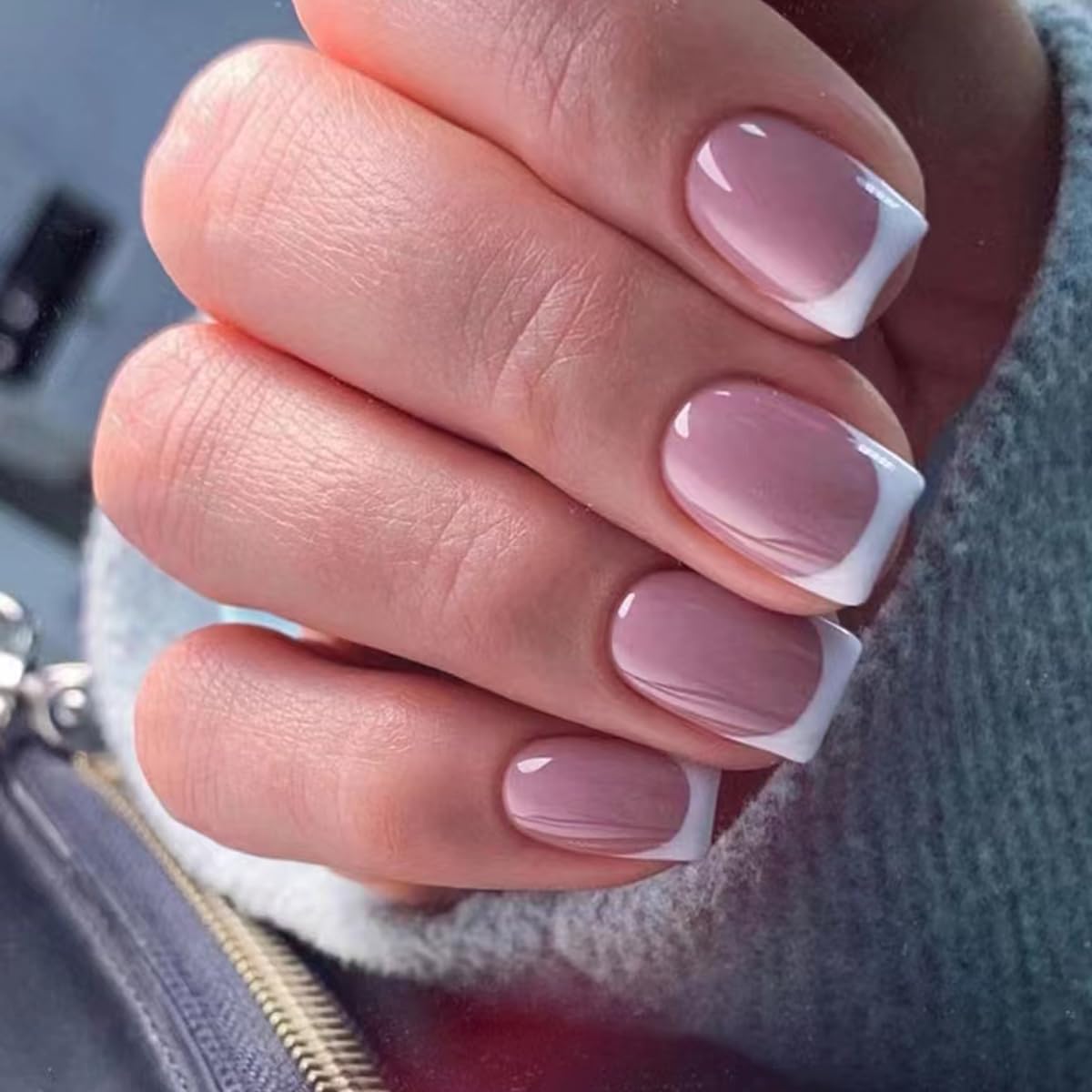 French False Nails - Press on Nails - Full Cover False Nails Nude White Square Stick on Nails - French Fake Nails Stick on Nails for Women and Girls Nail Art