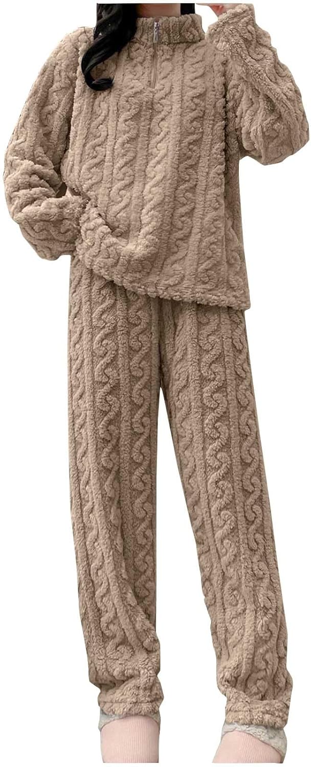 Womens Fleece Pyjamas Sets Fluffy Soft Warm Cosy 2 Pieces Pjs Sets Quarter Zip Pullover And Wide Leg Pants Set Winter Warm Comfy Towel Pjs Thick Plush Flannel Co Ord Set Ladies Loungewear Nightwear