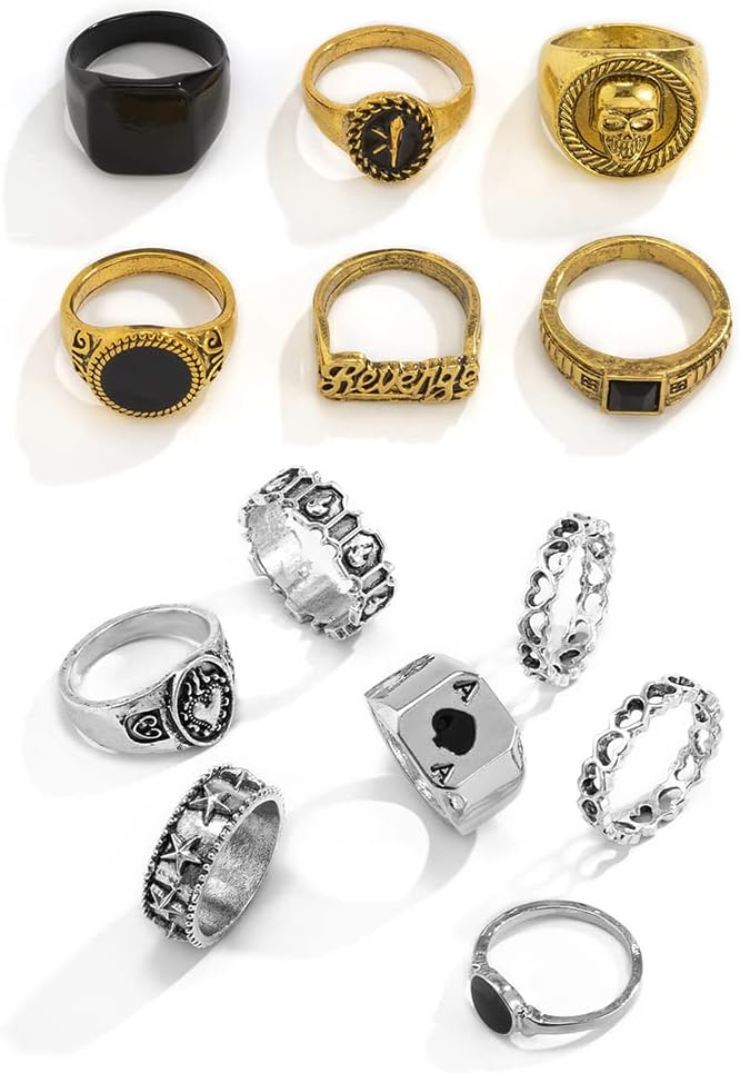 Vintage Gold Silver Punk Rings for Men Women,Cool Gothic Ring Set,Chunky Stackable Joint Knuckle Rings,Retro Skull Ace Malachite Rings