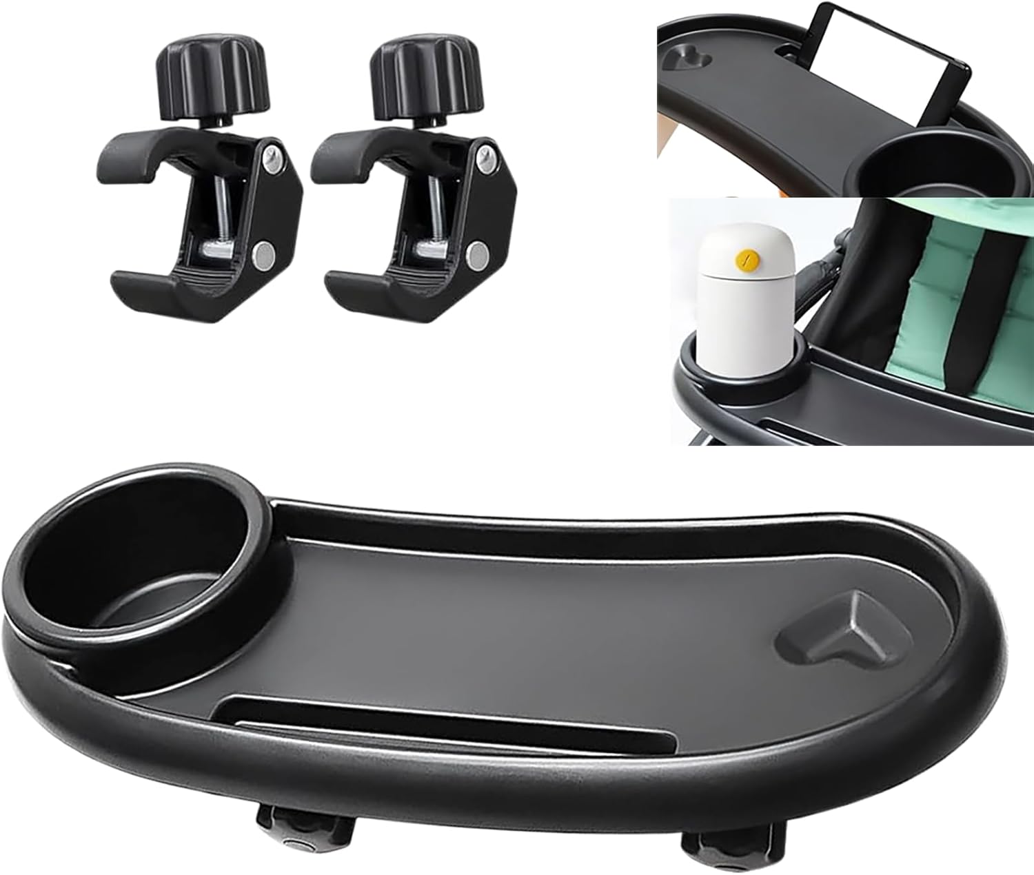 DeJivsin 3 in 1 Snack Tray for Pushchair, Black Stroller Snack Tray with Cup Holder for Pram Accessories Pushchair with Cup Holder, Universal Adjustable Buckle Multifunction