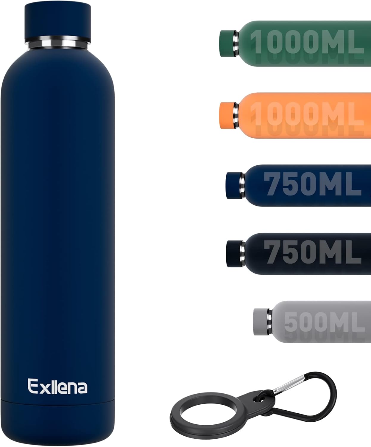 Exllena Insulated Water Bottles 1l with Clip, Double Wall Vacuum Drinks Bottle Keeps Drinks Cold 24 Hrs/Hot 12 Hrs, Stainless Steel Water Bottle BPA Free (Dark Blue)