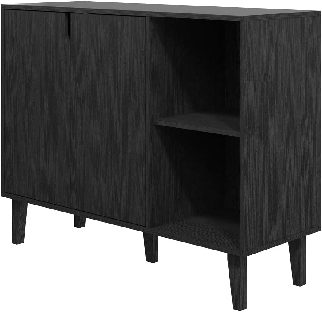 Panana Sideboard Wood Storage Accent Cabinet TV Stand Home Bar Buffet Cabinet with 2 Doors Shelf (Black)