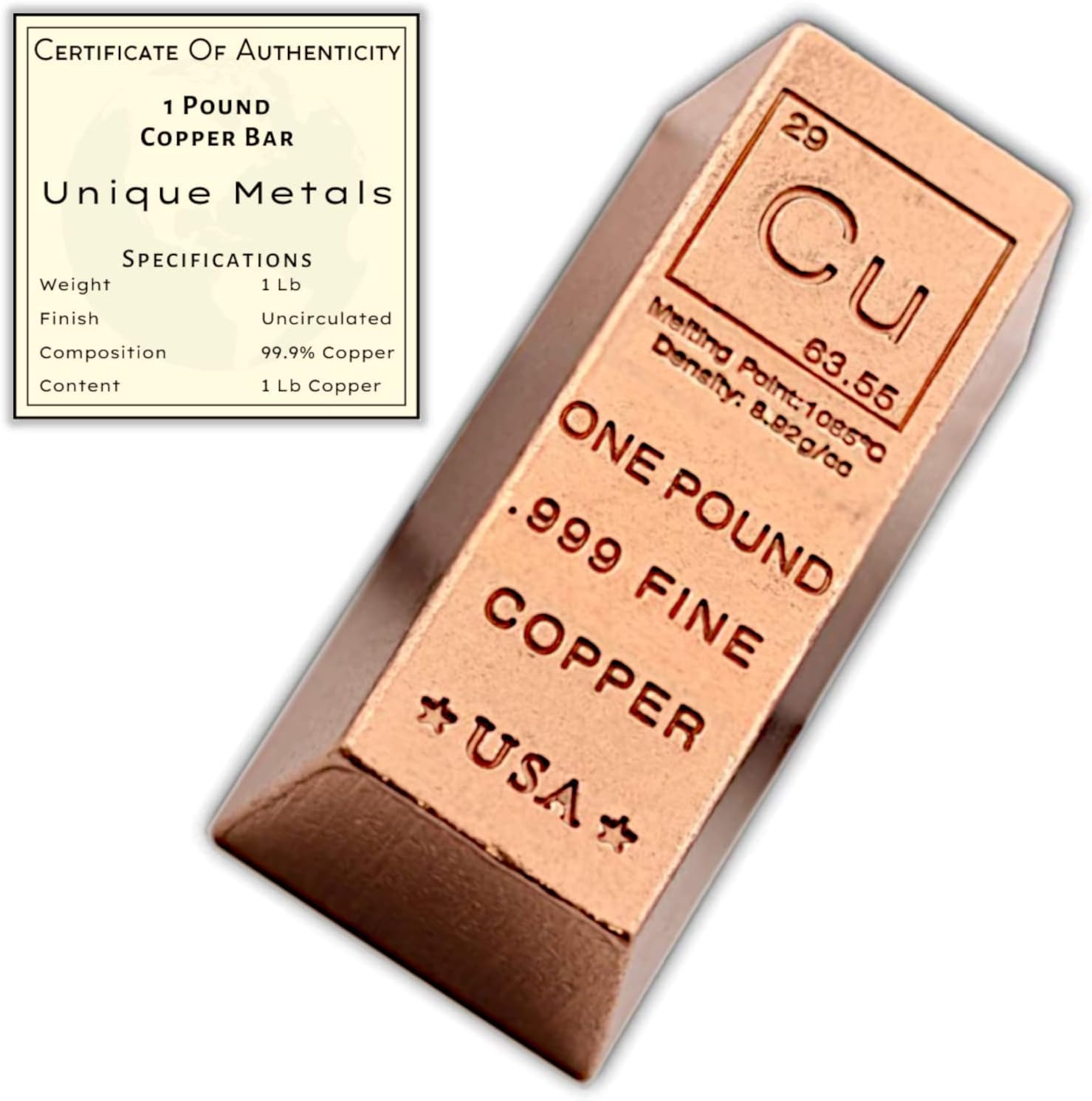 1 Pound Copper Bar Ingot Paperweight - .999 Pure Copper Bar Bullion Chemistry Element Design with Certificate of Authenticity by Unique Metals