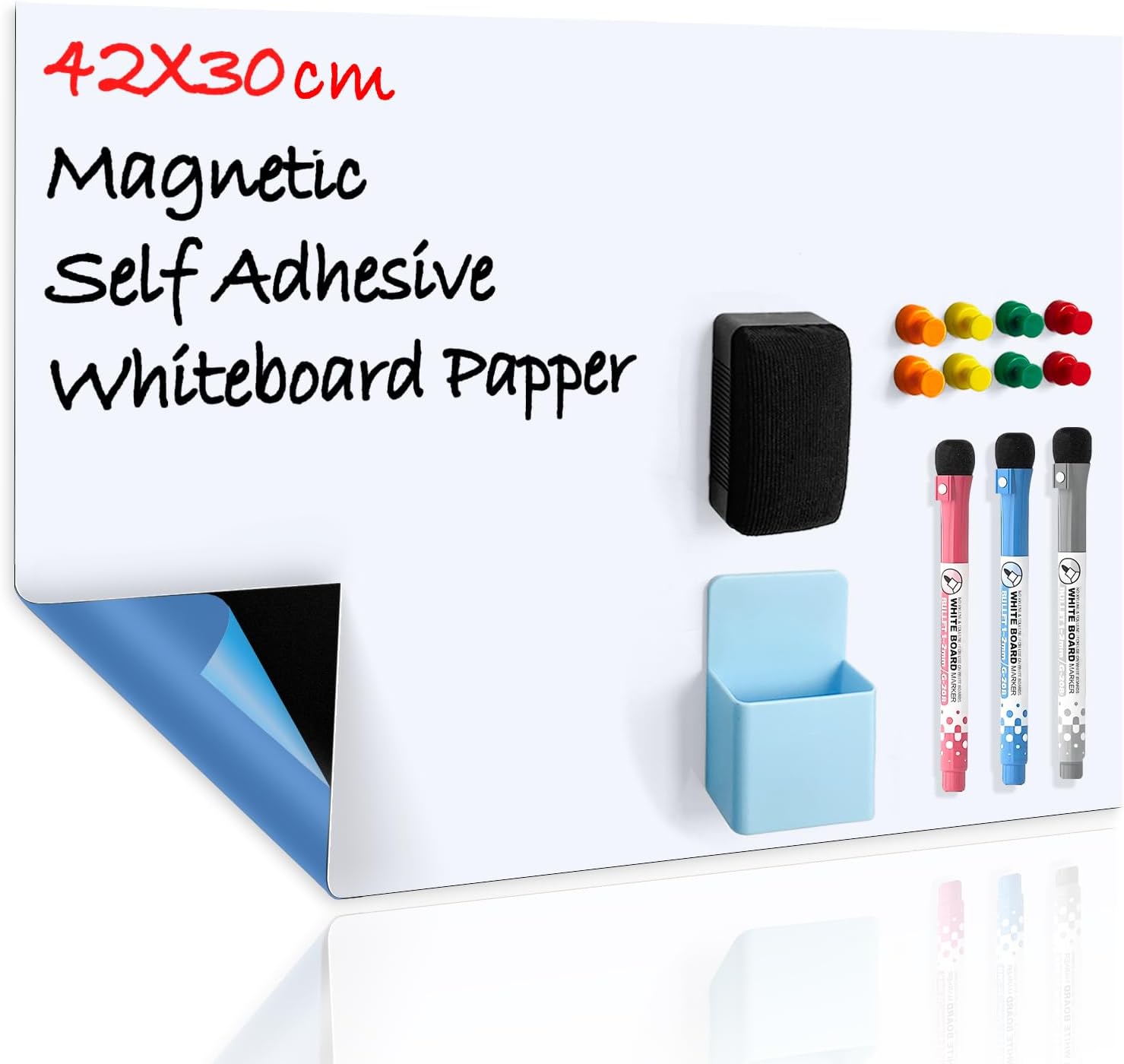CUHIOY Whiteboard Magnetic Dry Wipe Board Self Adhesive A3 for Any Smooth Surface with New Stain Resistant Technology,Home Kitchen Fridge Shopping List and Office Notice Board,3 Whiteboard Pens