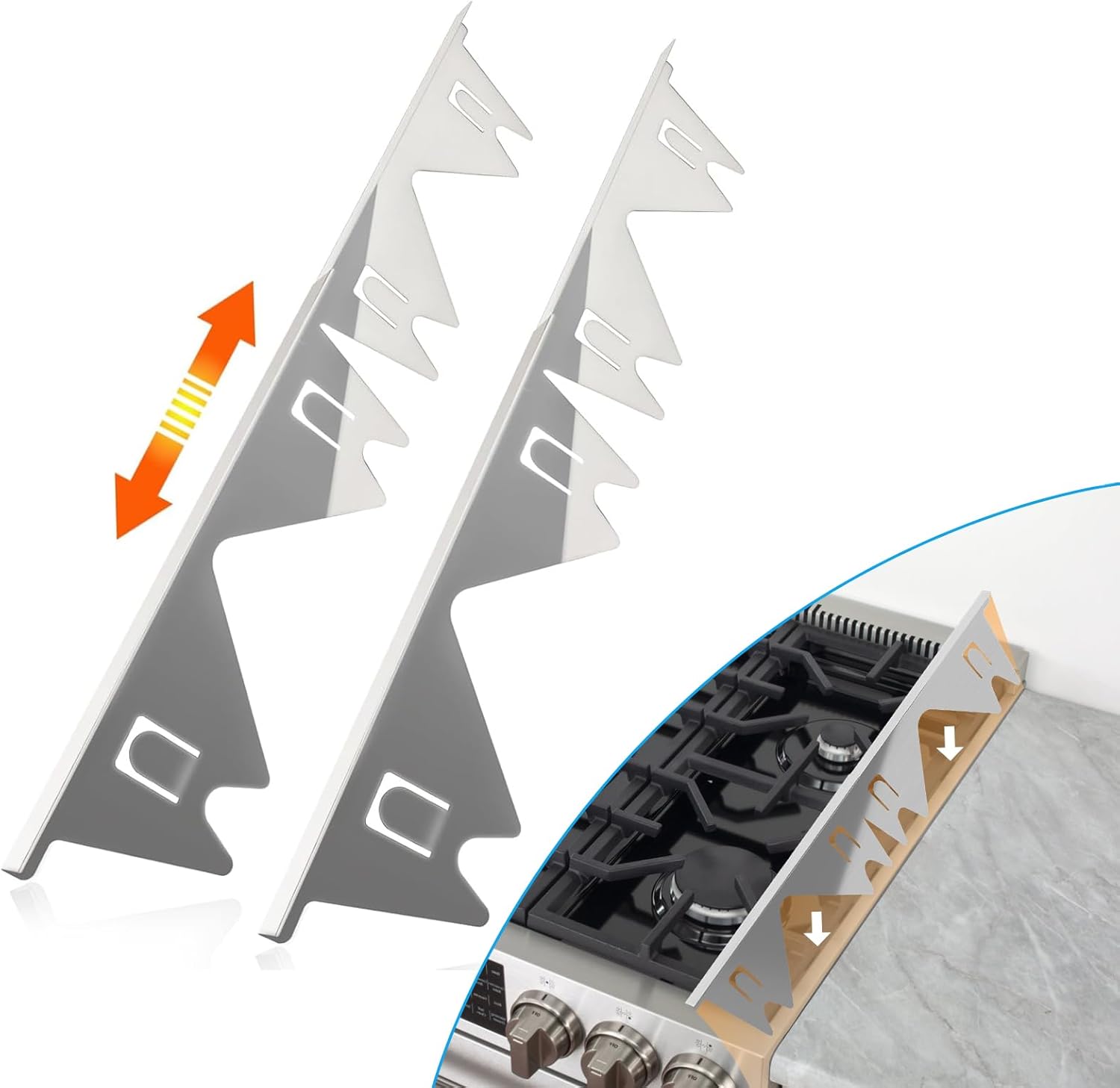 Stainless Steel Stove Gap Covers(2 Pack), Stove Gap Filler,Heat Resistant Oven Gap Filler Seals Gaps Between Stovetop and Counter, Easy to Clean Range Trim Kit,Adjustable Length 13.8" to 27.5"