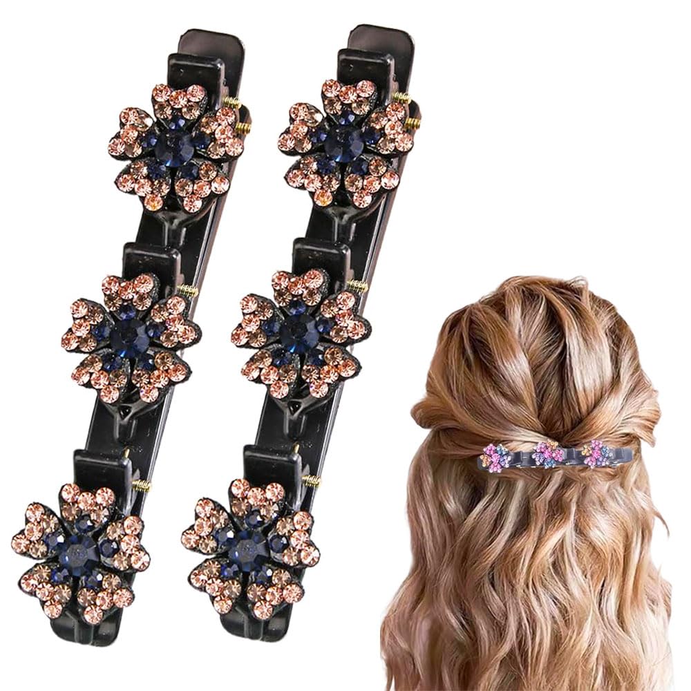 2025 New Sparkling Crystal Stone Braided Hair Clips, Satin Fabric Hair Bands Rhinestone Four-Leaf Clover Hair Clip, Duckbill Flower Clips for Women Girls (C)
