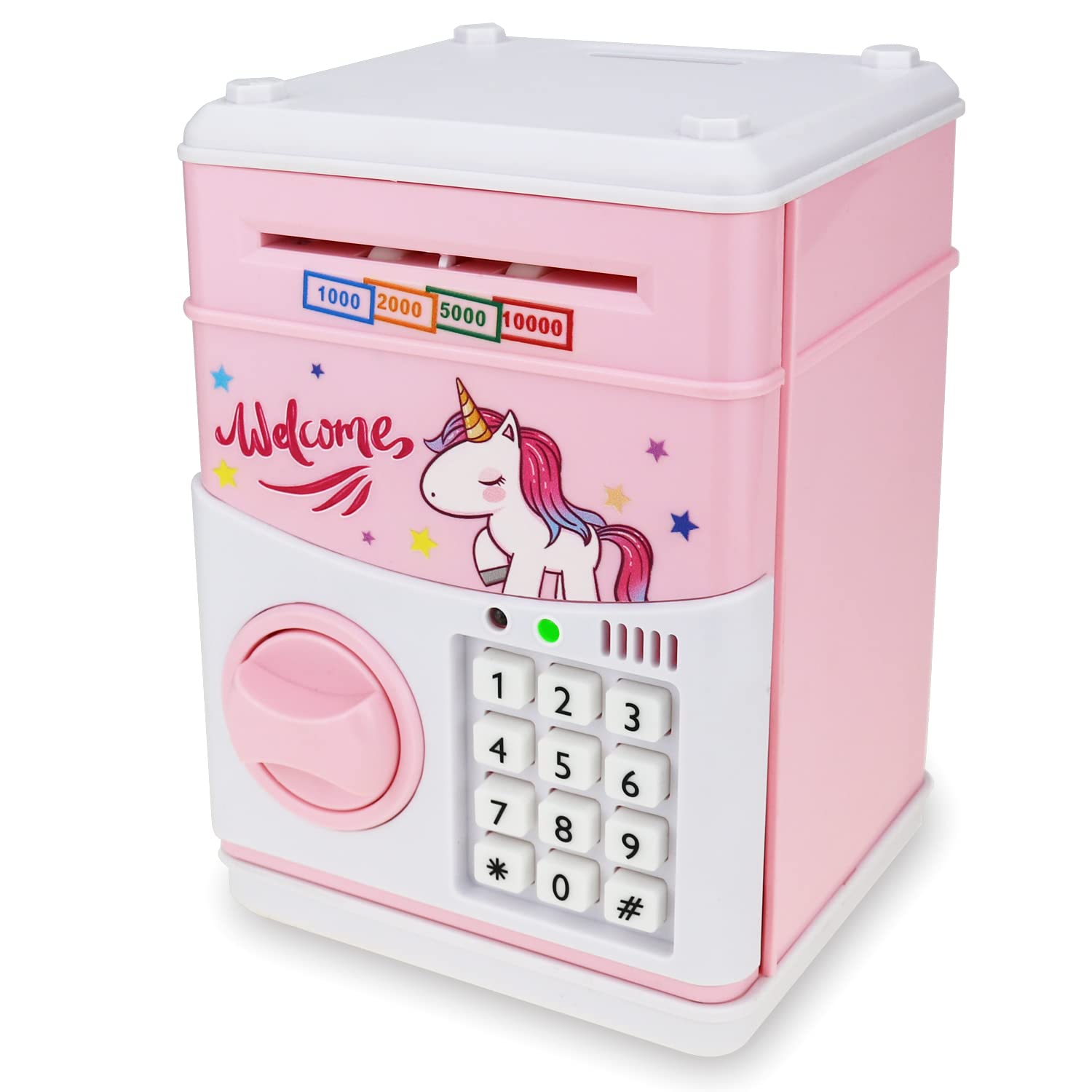 Kids Electronic Password Safe Mini ATM Piggy Bank Toy for 3-14 Year Old Boys and Girls (Pink-Unicorn)