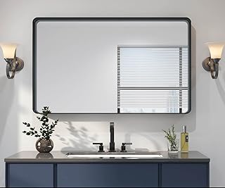 OKPAL Wall Mirror for Bathroom, 60x28 Inch Black Bathroom Mirror, Stainless Steel Metal Frame with Rounded Corner, Rectangle Glass Panel Wall Mounted Mirror Decorative for Bathroom