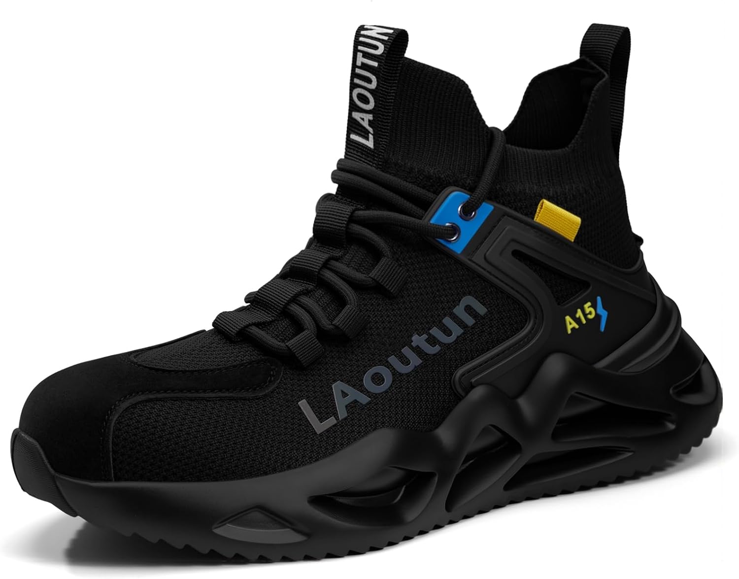 LAoutun Men's Steel Toe Work Shoes, Puncture-Resistant Mid-Top, Black | Breathable upper, cushioned sole, added ankle coverage for long shifts in warehouses, factories , workshops
