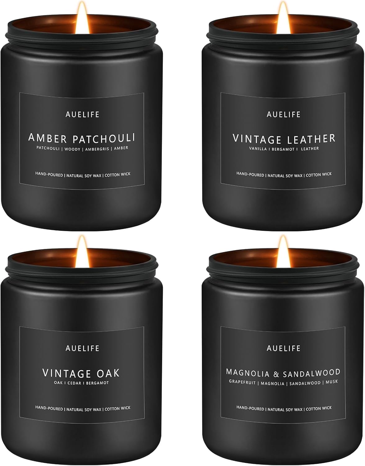Auelife Scented Candles Set | Men's Candle Gifts - 4 Pack Soy Candles Scents of Vintage Leather, Vintage Oak, Amber Patchouli, Magnolia & Sandalwood