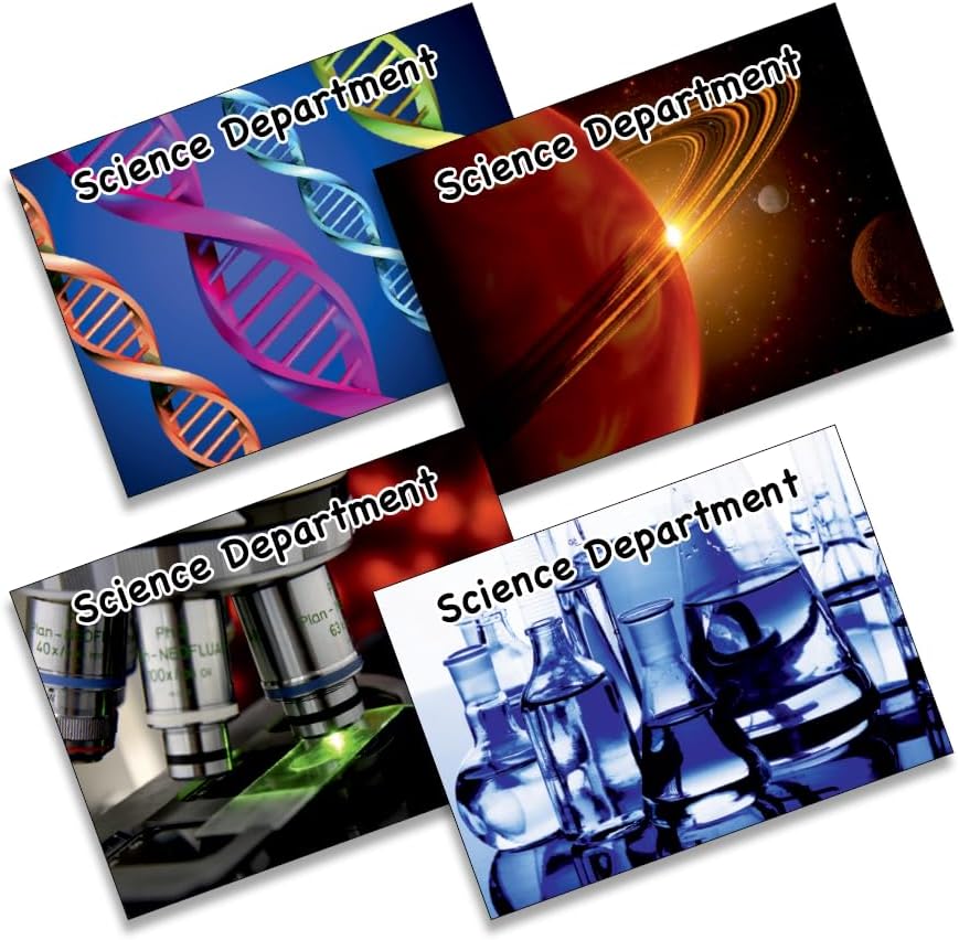 Science Praise Postcards - 4 Colourful Designs - Parent Communication Cards - FSC Approved 300gsm Card - Blank Reverse for Custom Messages - A6 SIZE