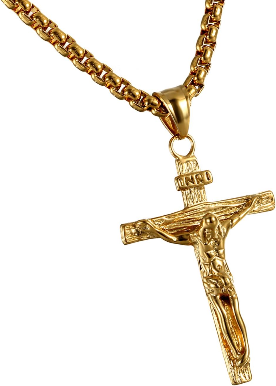 Cupimatch Mens Stainless Steel Jesus Christ Crucified Cross Pendant Necklace Chain Golden
