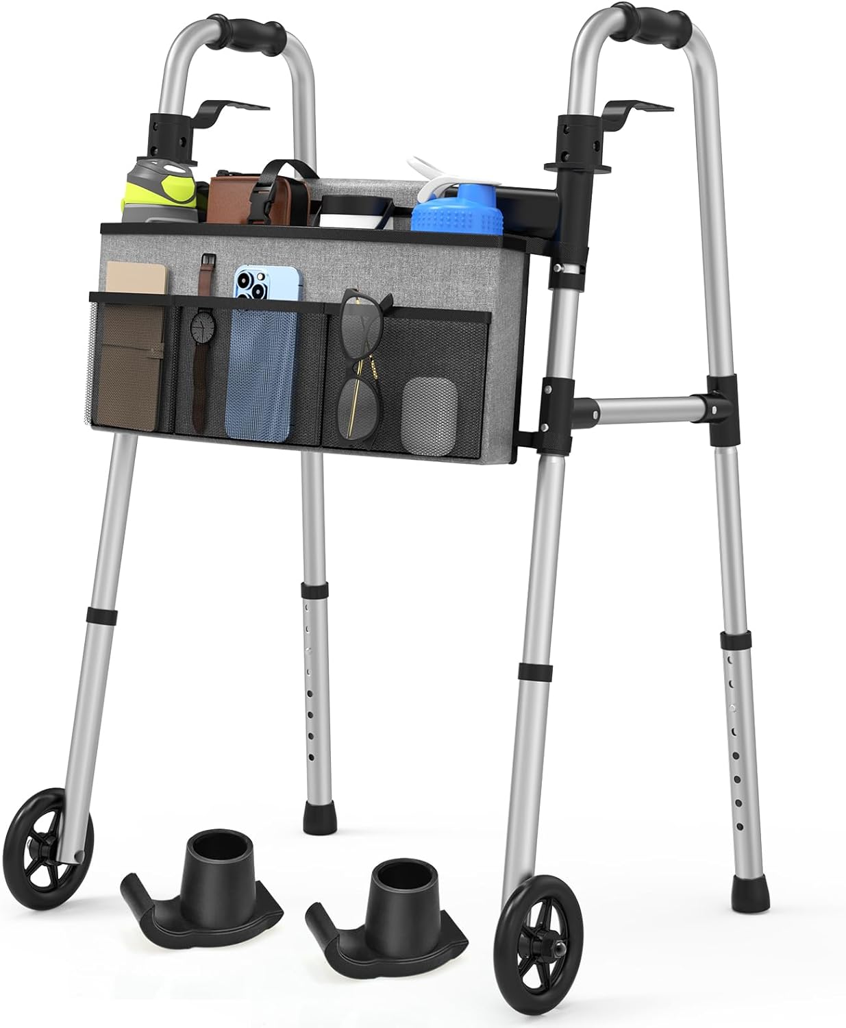 Folding Walker with Basket and Glide Skis, 5" Wheels Lightweight Walkers for Seniors and Adults, Supports Up to 350 Pounds, Adjustable Height, Compact Standard Walker