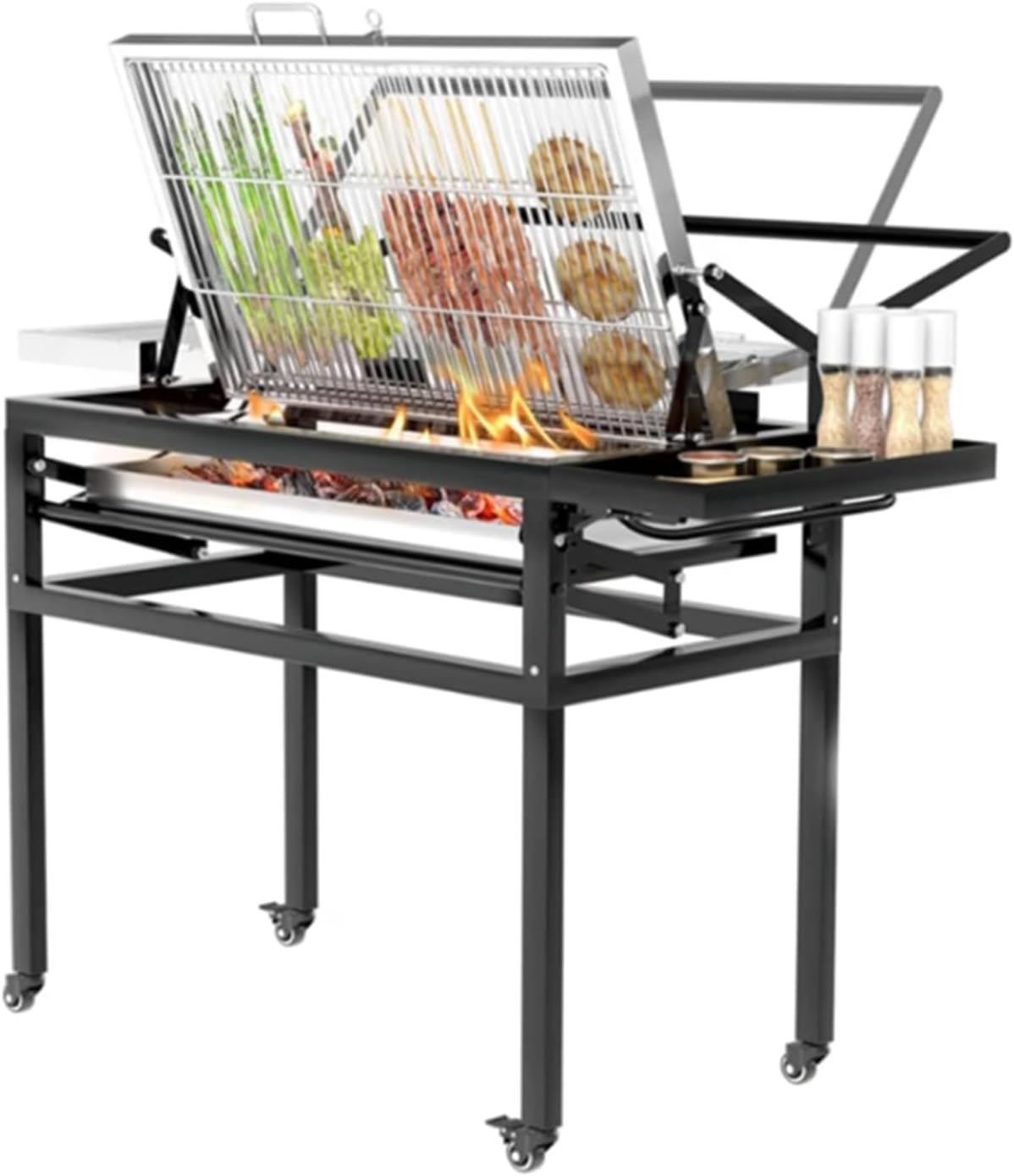 360° Rotating BBQ Grill, Outdoor Flipping Charcoal Grill with Wheels