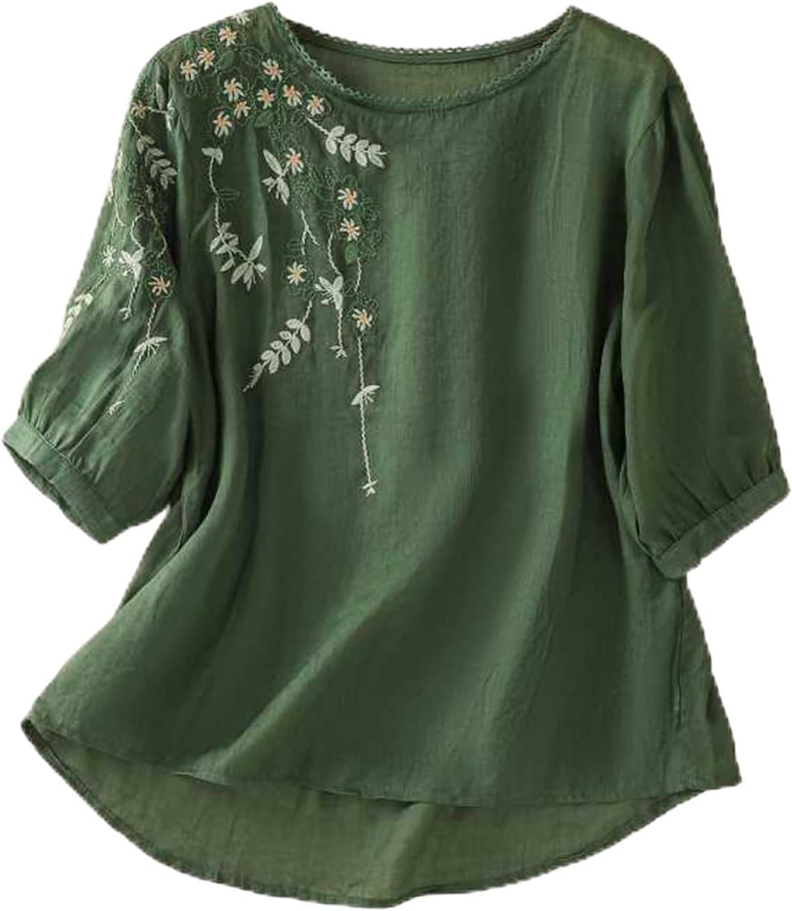 Linen Shirt Women Summer Embroidery Linen Tunic Tops Retro Jacquard Short Sleeve Boho Blouse Casual Loose Fit Flowy Hem Tee Shirt Lightweight Summer Beach Wear Blouse for Vacation Office