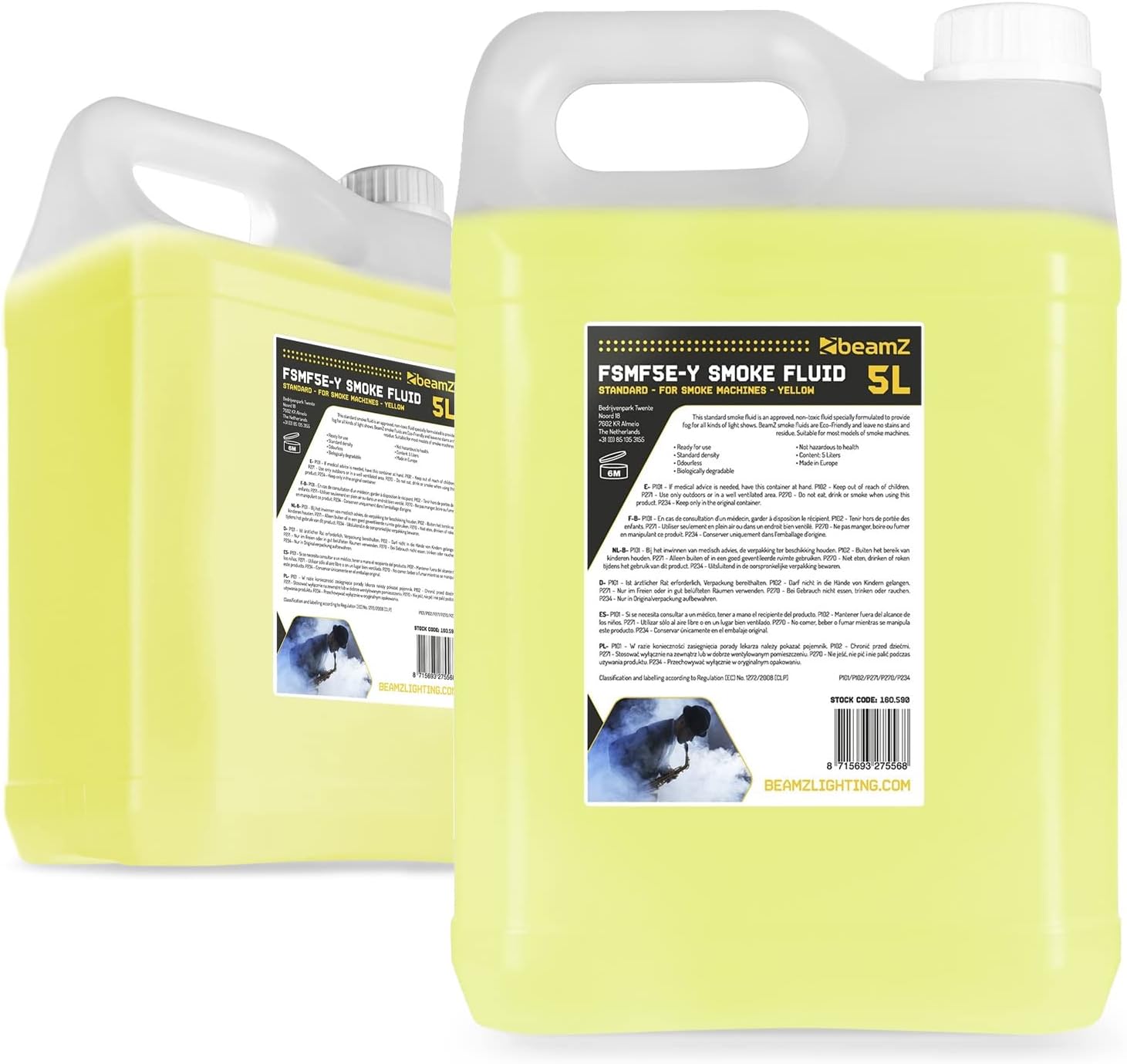 beamz Eco Smoke Machine Fluid Set - 2x 5L Yellow Water-Based Low-Density Fog Liquid, Eco-Friendly Fluid for Parties, Events, DJ Lighting and Stage Effects (10 Litres Total)