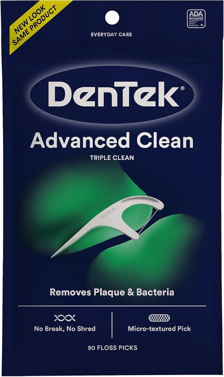 DenTek Triple Clean Advanced Clean Floss Picks, No Break & No Shred Floss, 90 Count, White