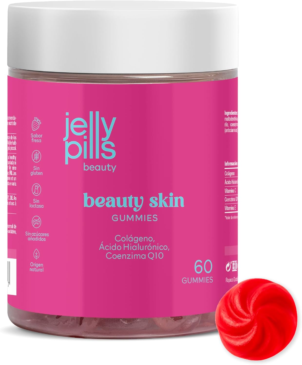 Jelly Pills Hydrolysed Collagen 500 mg + Hyaluronic Acid & CoQ10 – 60 Gummies – No Added Sugars – Strawberry Flavour – Firm Skin & Anti-Ageing Support