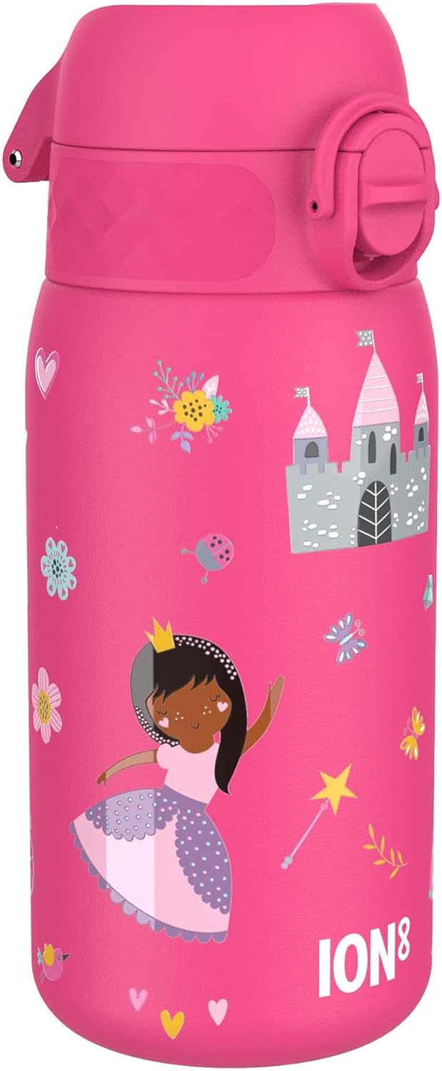 Ion8 Kids Water Bottle, Steel 400 ml/13 oz, Leak Proof, Easy to Open, Secure Lock, Dishwasher Safe, Flip Cover, Carry Handle, Easy Clean, Durable, Scratch Resistant, Raised Print, Princess Design