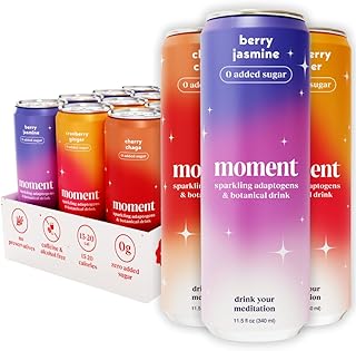 Moment Sparkling Adaptogenic Soda Soft Drinks - Flavorful Healthy Soda with L-Theanine & Ashwagandha for Calm & Clarity | 0 Added Sugar, 0 Alcohol | 12-pack | Berry Blast
