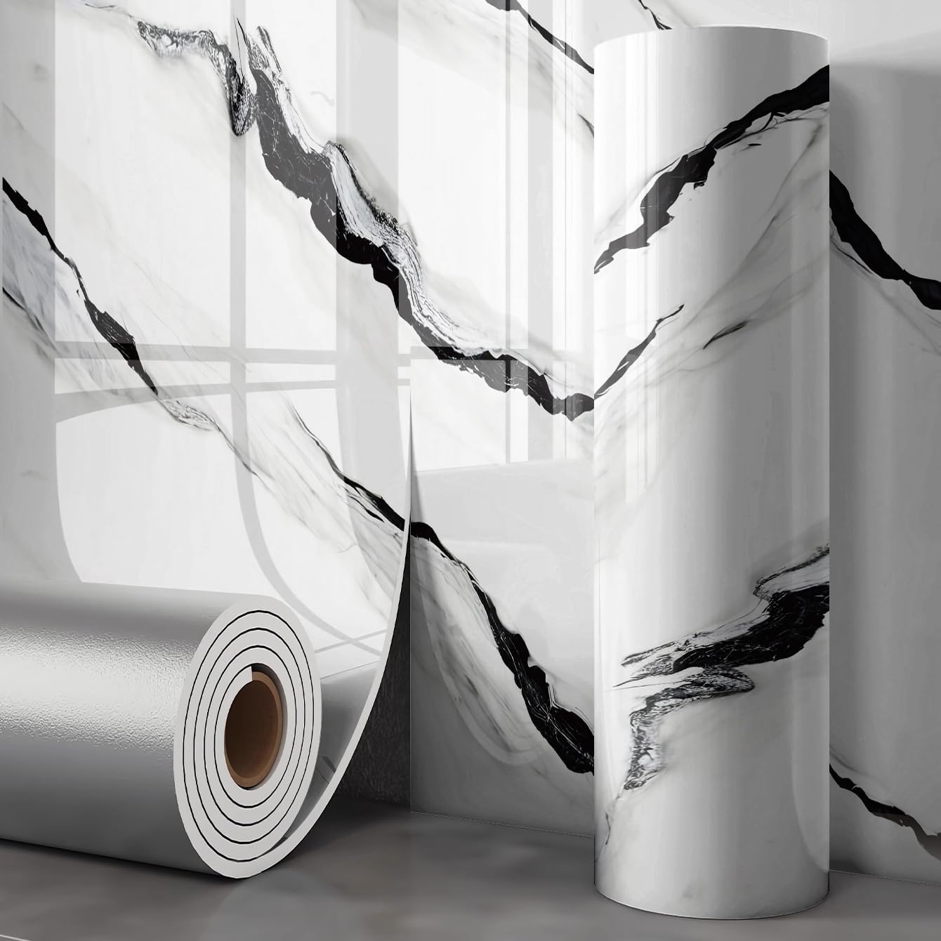 2.4mm Thick White and Black Black Marble Contact Paper | Waterproof Peel and Stick Wallpaper Roll Self-Adhesive PE Wall Panels for Kitchen Countertops,Bathroom,Living Room,Cabinets15.7 x118