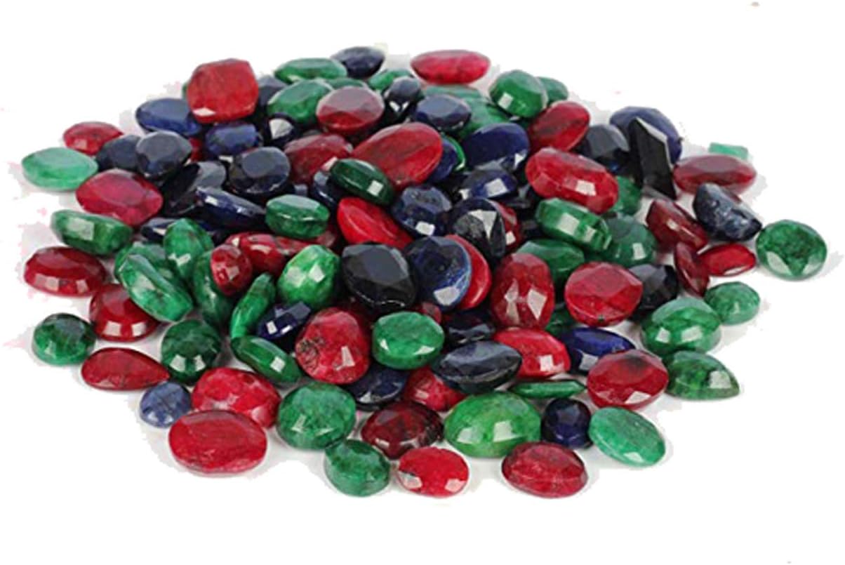GEMHUB Natural Loose Mix Gemstone Lot Red Ruby Green Emerald & Blue Sapphire 100 Carat 7 Pcs Oval Shape Healing Crystal Lot for Rings