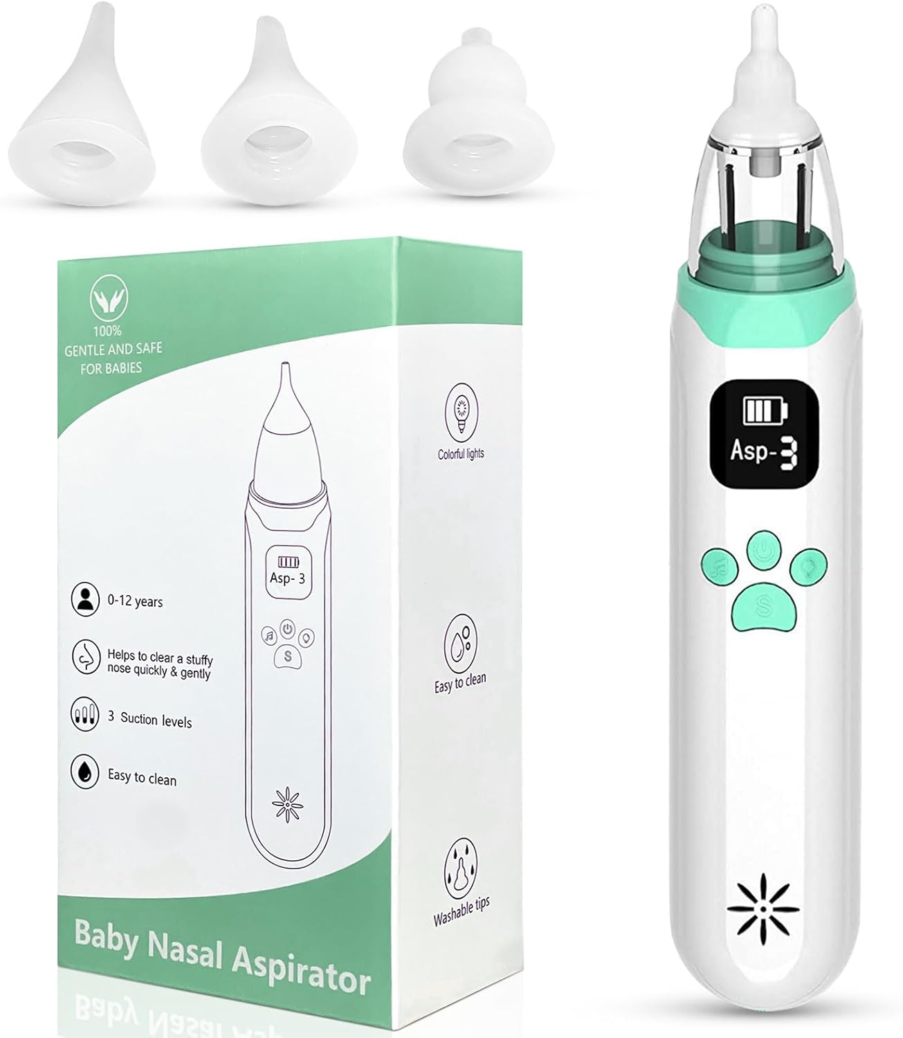 DEUKNICE Electric Baby Nasal Aspirator, Baby Nose Cleaner, Baby Nose Sucker Vacuum Cleaner, Rechargeable Nose Cleaner with 3 Silicone Nozzles and 3 Suction Levels, White Green