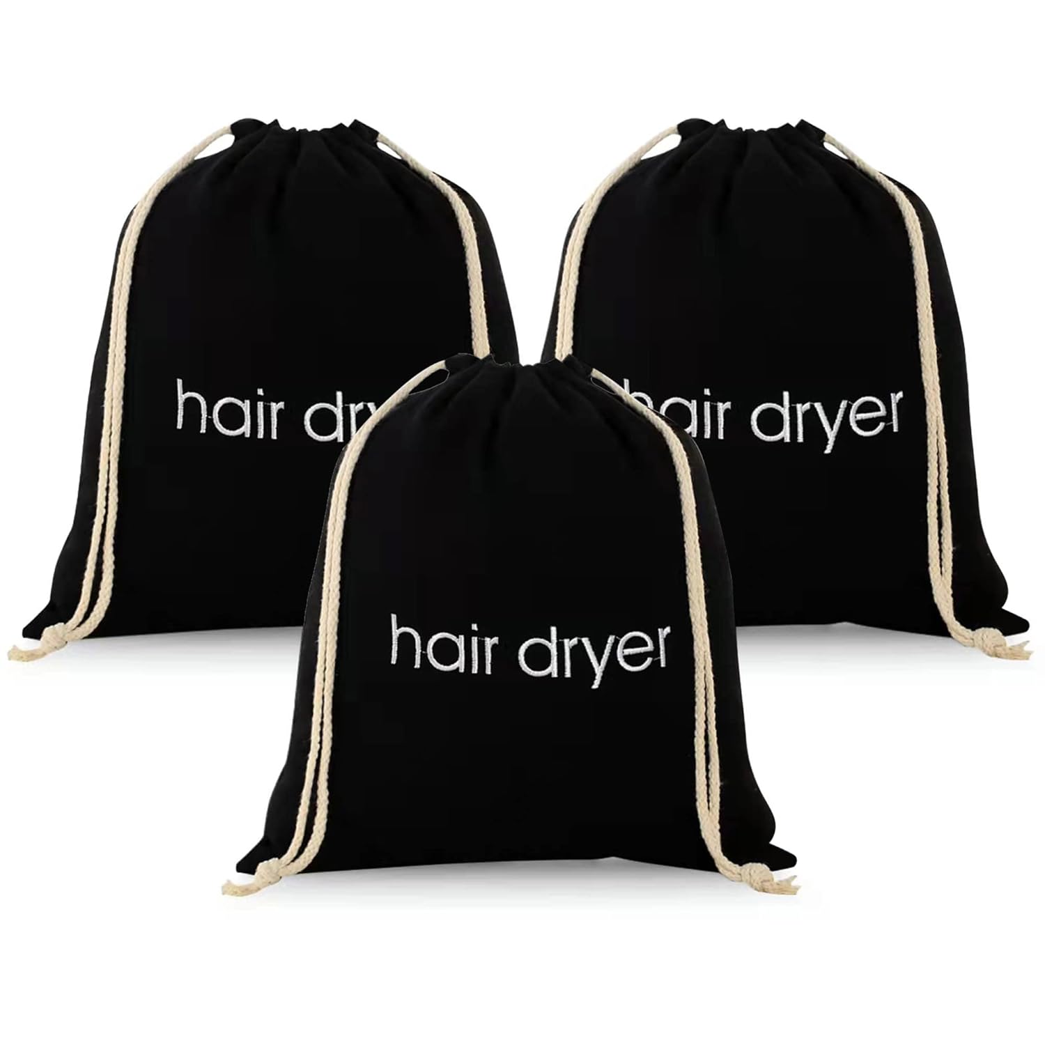 3 | 6 | 8 Pack Hair Dryer Bags Drawstring Bag Container Hairdryer Bag for travel bathroom (3 PCS, Black)