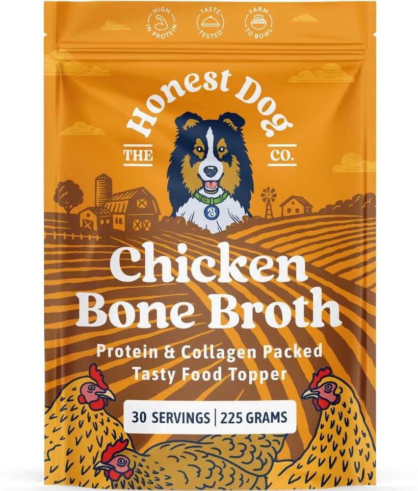 Honest Dog Co. Bone Broth for Dogs and Cats (225 Grams, 30 Servings) - High in Collagen and Protein Chicken Bone Broth Powder for Dogs - Dog and Cat Food Topper for Dry Food - Chicken Gravy Granules