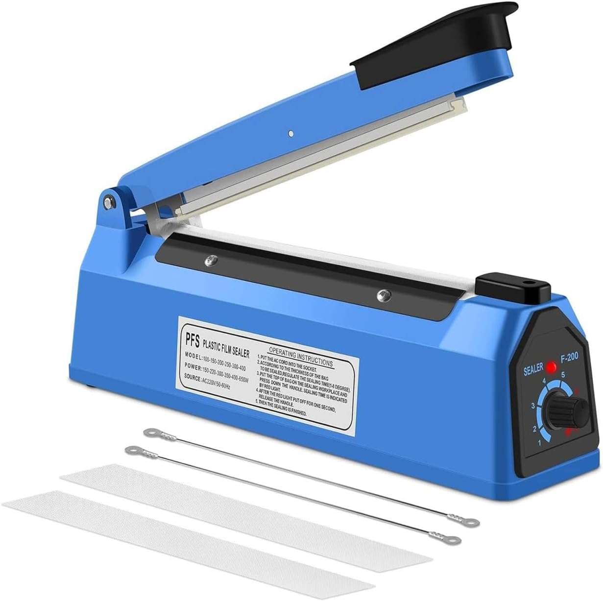 LUKVCIY Impulse Sealer Machine 200mm, Portable Manual Heat Sealer for Plastic PE PP PVC Bags - 8 Temperature Settings, Built-in Fuse Safety, Light Indicator, Replaceable Element Grip