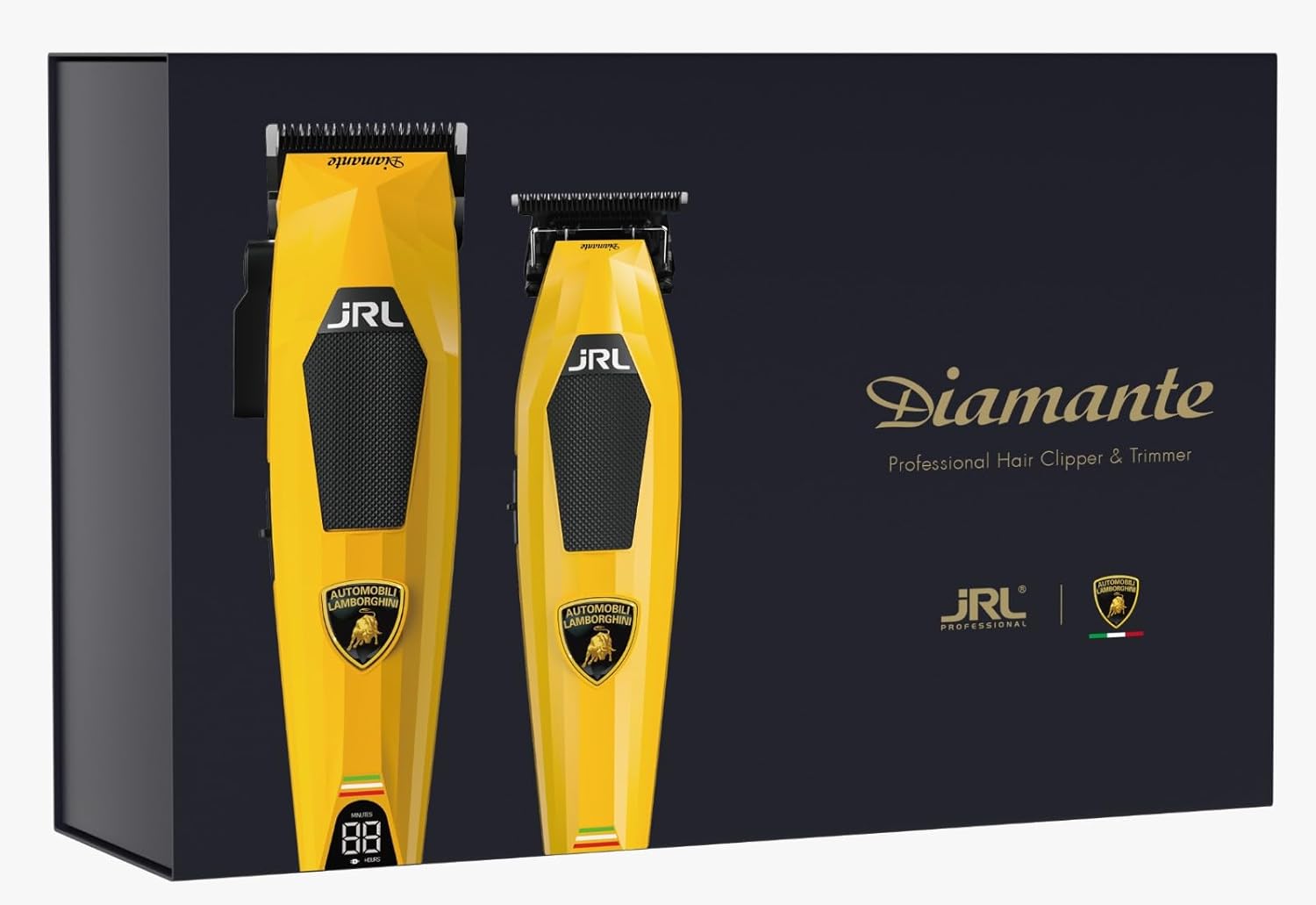 Amazon Series JRL Diamante Clipper & Trimmer Set – Brushless Motor, Fade Blade, Smart Clip Technology, Reset IQ Charge, 8200 RPM, 4-Hour Run Time for Barbers & Stylists (Yellow)