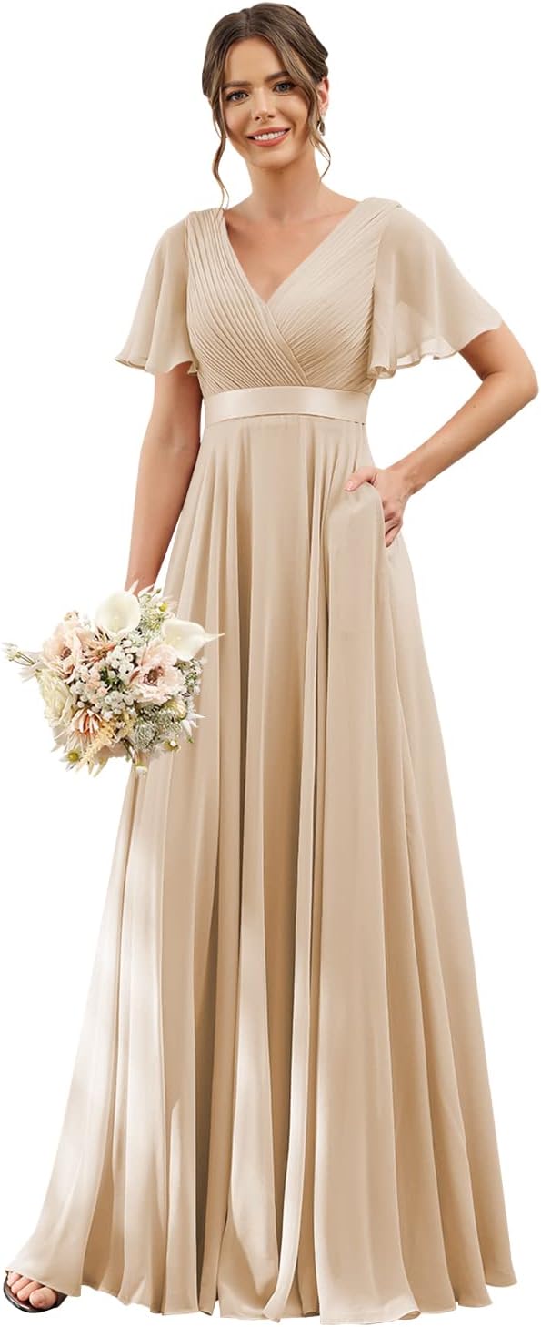 TIRAS Women's V Neck Bridesmaid Dresses Flutter Sleeves Ruched Chiffon Long Formal Dress with Pockets