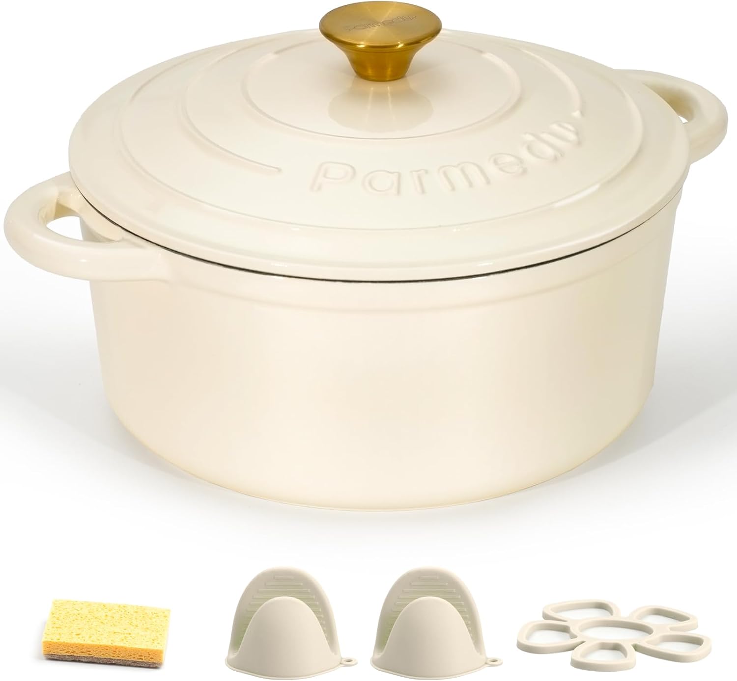 Parmedu Enameled Cast Iron Pot: 5.2 L Heavy Duty Dutch Oven with Lid and Dual Handles in Blue - Silicone Accessories and Sponge Included, Ideal for Braising, Stewing, Roasting and Baking, Cream white