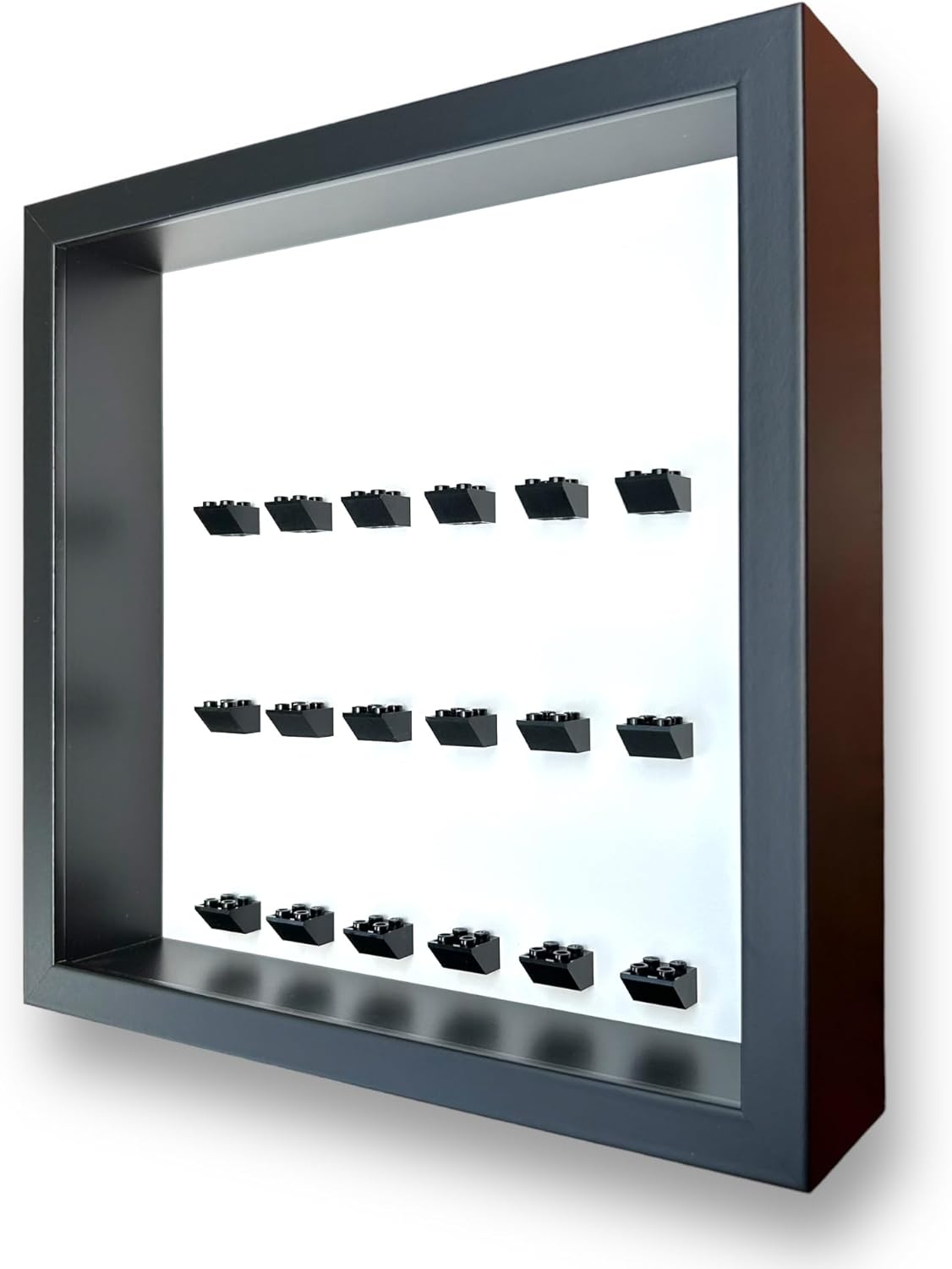 FRAMEPUNK Case - 18 LEGO Minifigure Display - Deep for accessories - Wall Mount or Free Stand - Removable Front - Black Frame, Black Mounts on White