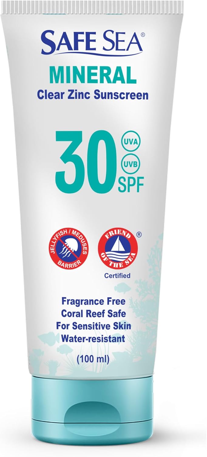 Safe Sea Zinc Oxide Sunscreen SPF30 | Clear Mineral Face And Body Sunscreen Without White Cast | Anti-Jellyfish Sting Protective Lotion | Travel Size - 100ml