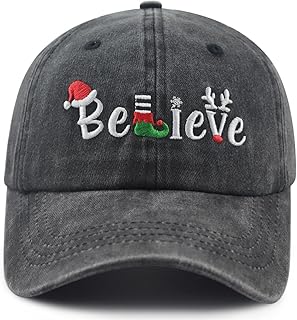 Christmas Believe Hat for Men Women, Funny Adjustable Cotton Embroidered Merry Xmas Santa Holiday Baseball Cap