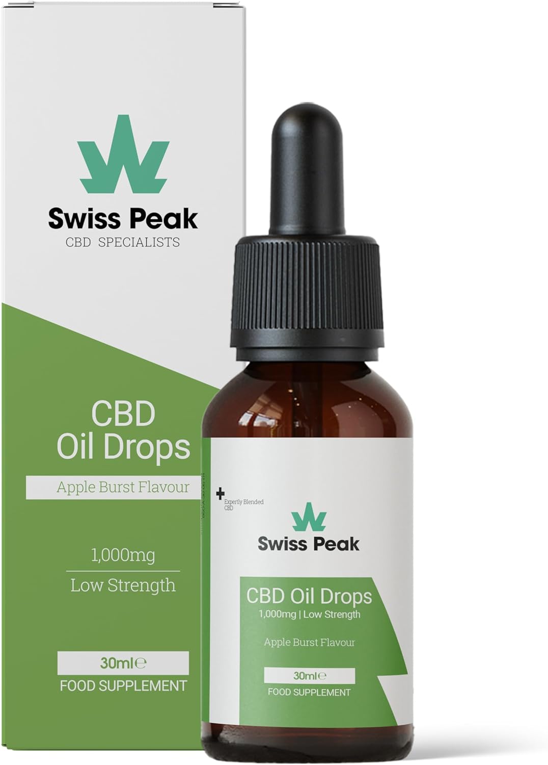 CBD Oil, 1000mg, High Strength Fruit Flavoured, THC-Free, 30ml, Stress and Sleep Support Flavoured Drops, Vegan, Natural, Non-GMO, Blended with MCT Oil, No THC (up to 3 Months Supply) (30ml, Apple)