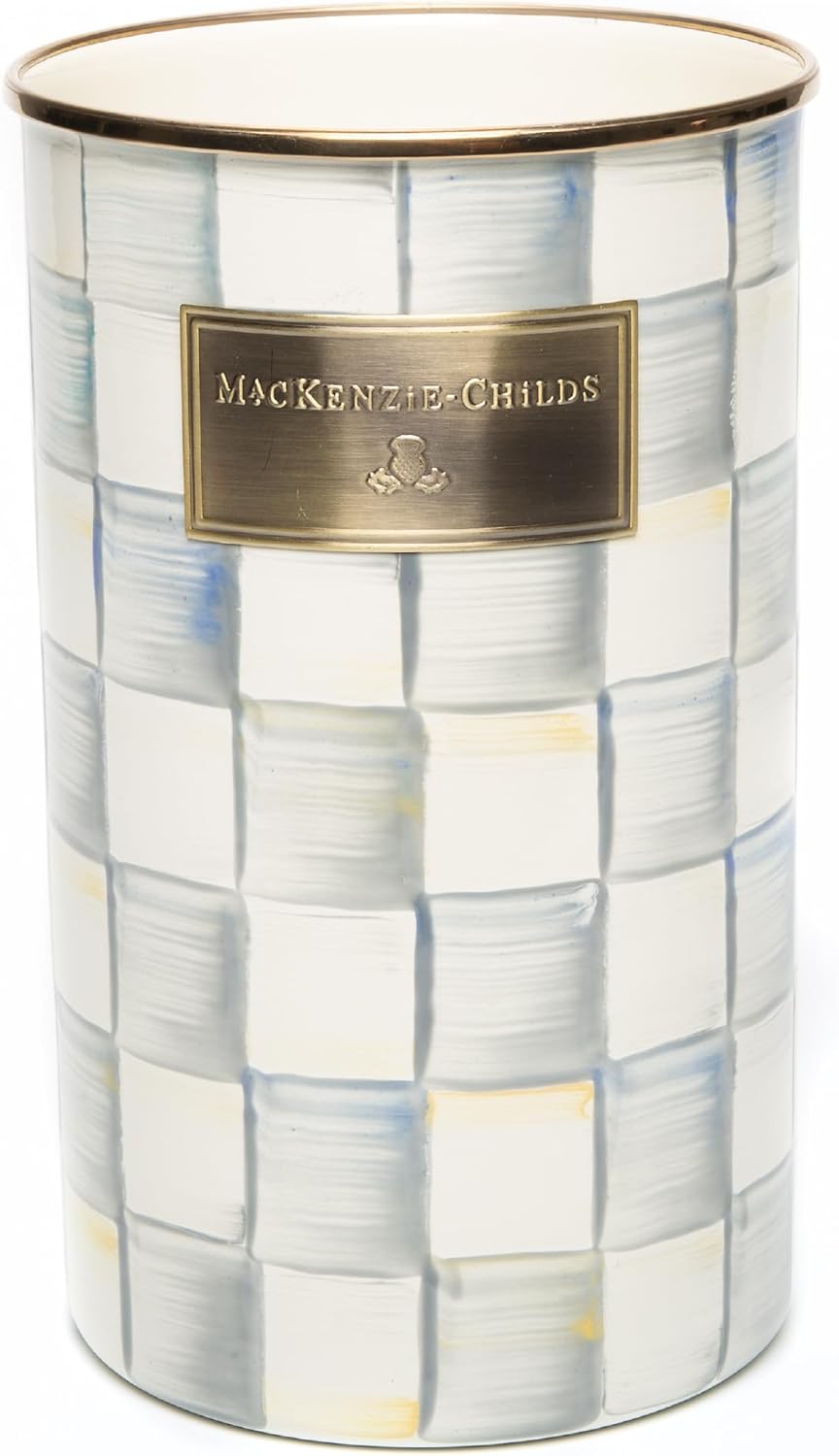 MACKENZIE-CHILDS Enamel Utensil Holder, Kitchen Utensil Holder for Countertop, Storage Caddy, Gray-and-White Sterling Check