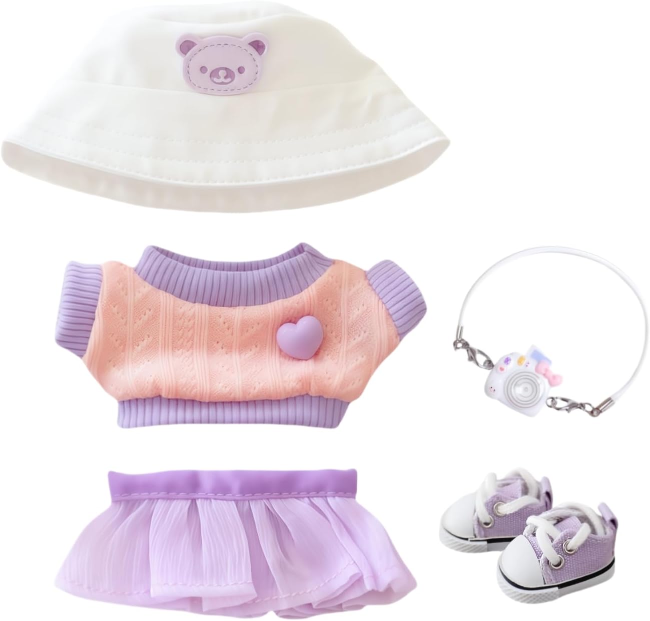 Clothes for Dolls Accessories, Stylish Kawaii Purple Outfit Set 5 Pieces Suitable for 15cm 17cm Doll (No Doll Included), Doll Hat Clothing Set Replacement