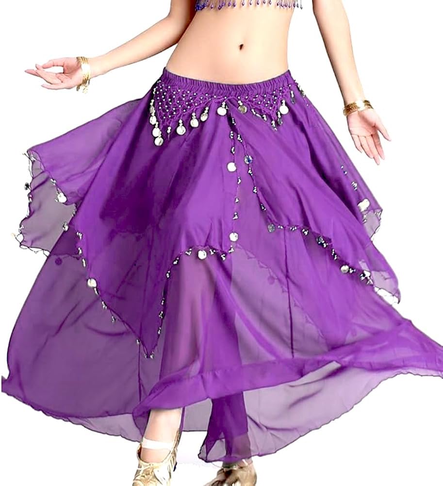 Women's Chiffon Belly Dance Costume Skirts Indian Dance Skirt with Coins