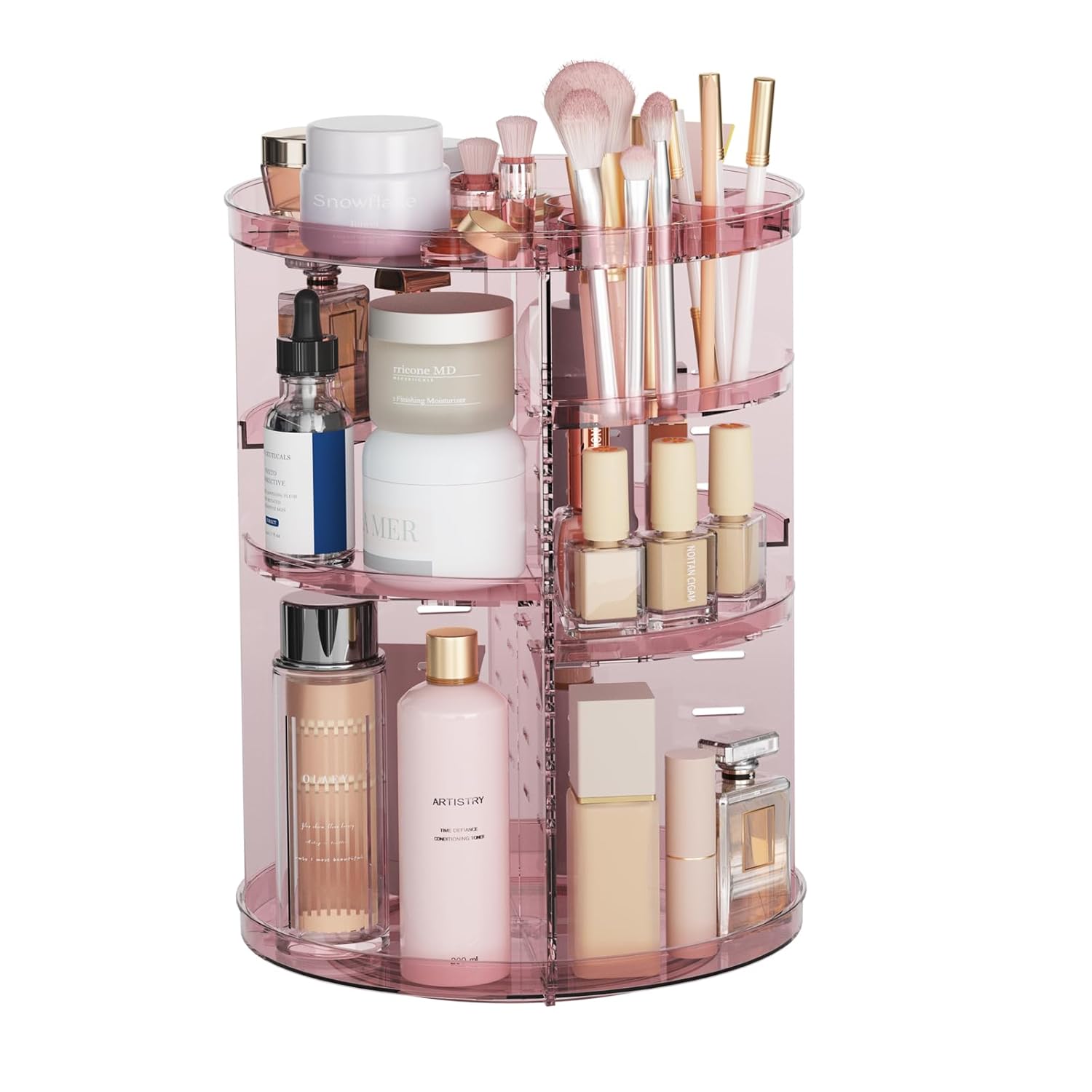 Rotating Makeup Organizer, DIY 8 Adjustable Layers 360 Spinning Skincare Organizers, Makeup Storage Carousel Tower with Brush Holder & Perfume Trays, Cosmetic Display Case for Vanity Bathroom