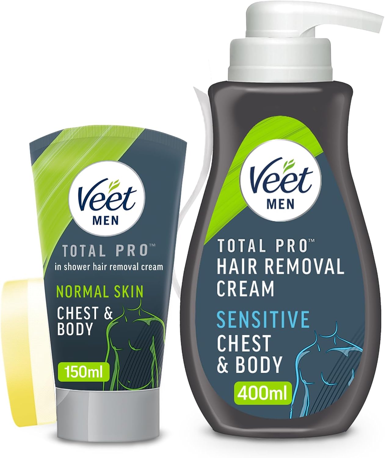 Veet Men's Hair Removal Cream Set: 400ml Pump & 150ml In-Shower Formula For Smooth Skin On Body, Back, Sensitive Areas - Quick, Effective Depilatory Solution