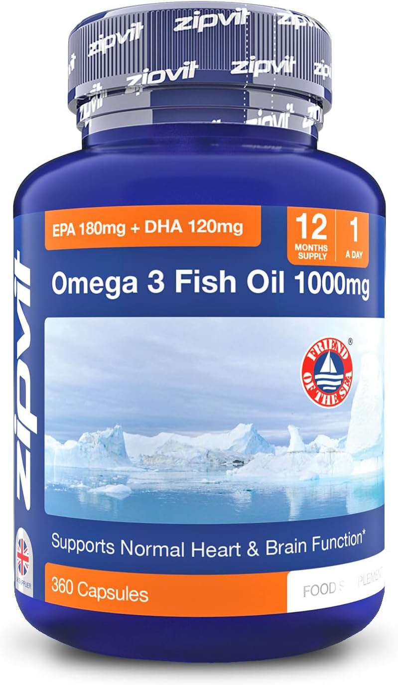 Zipvit Omega 3 Fish Oil 1000mg, 360 Softgel Capsules. 12 Months Supply. EPA 180mg DHA 120mg. Supports Heart, Brain Function and Eye Health.
