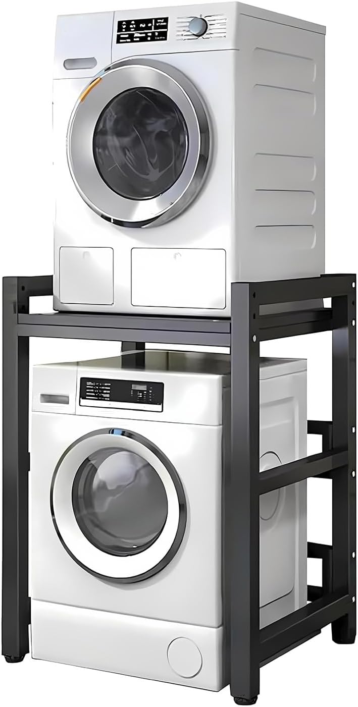 Drum Washing Machine Storage Rack, Height Adjustable Dryer Stand - Stacking Kit with 600KG Load Capacity - Over Washer Storage Rack for Front Loader Washing Machines Tumble Dryers (Black Frame+Black)