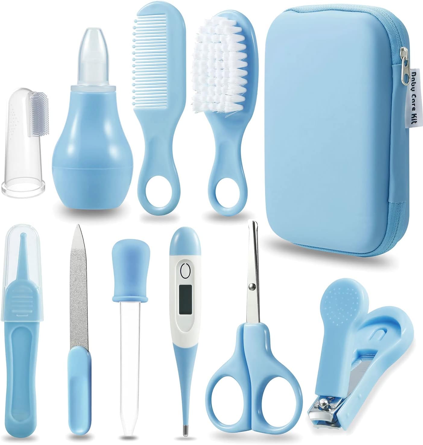 PandaEar Baby Healthcare and Grooming Kit, Baby Safety Set Baby Comb, Brush, Finger Toothbrush, Nail Clippers, Scissors, Nasal Aspirator, Baby Essentials Nursery Care Kit (Blue)