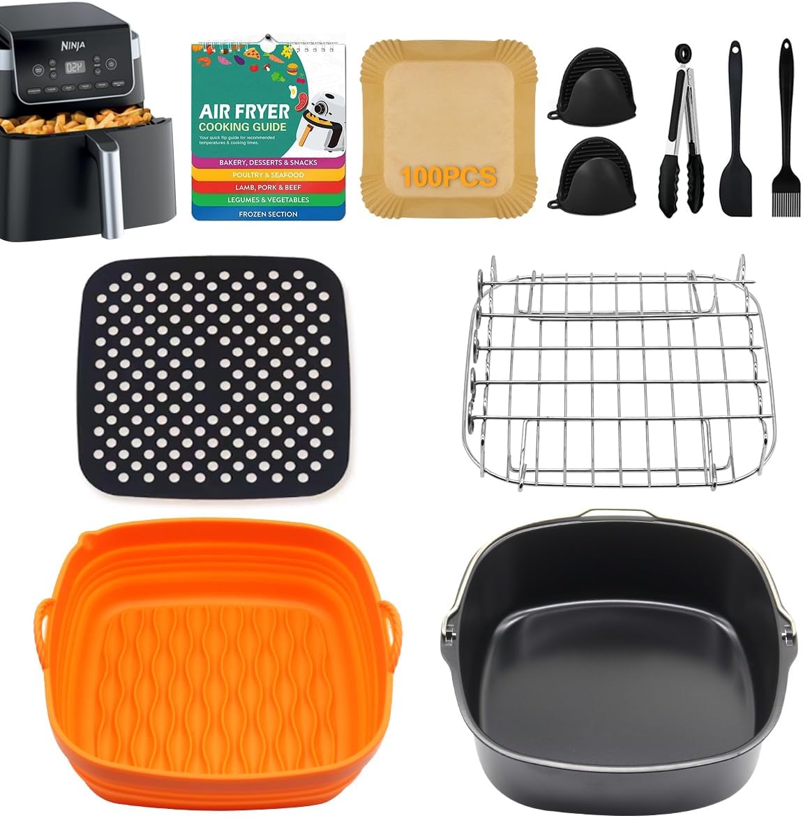 11pcs Air Fryer Accessories for Ninja Air Fryer Pro XL 6-in-1 6.5 QT AF181 and 6-8 QT Air Fryer, with Air Fryer Liners Disposable 100pcs and Silicone Aiy Fryer Liners Reusable, Cheat Sheet
