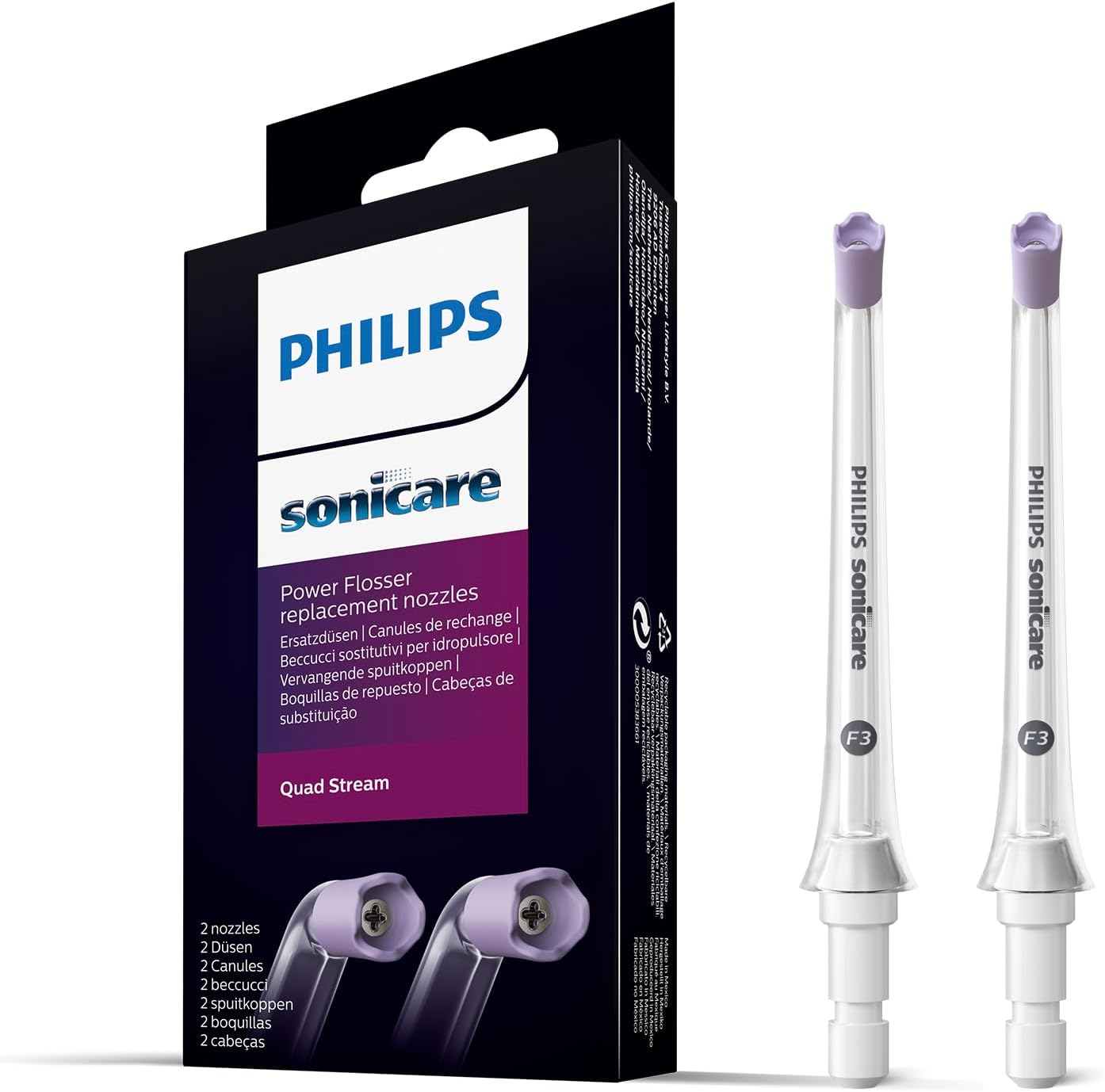 Philips Sonicare Quad Stream F3 Oral Irrigator Nozzle Twin Pack - Oral Water Flosser use with Philips Sonicare Cordless Power Flosser (Model HX3062/00)