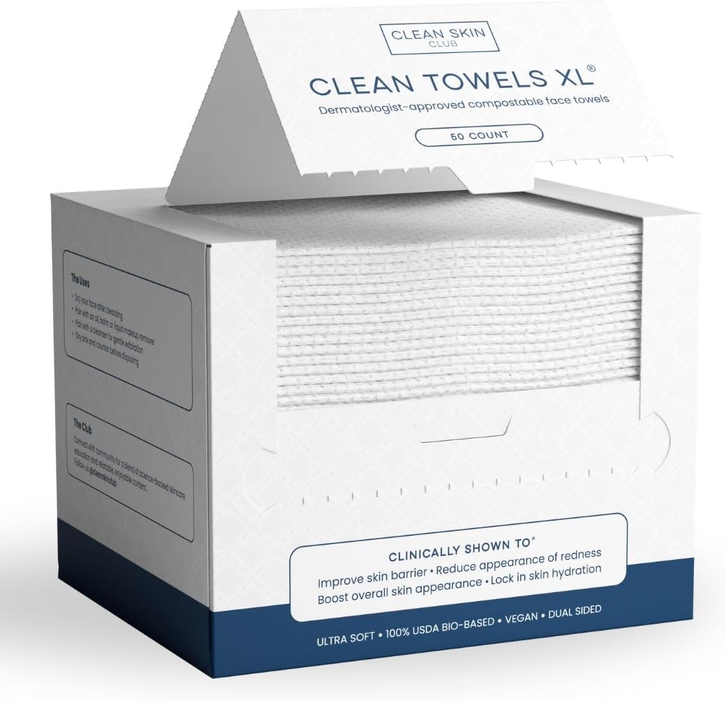 Clean Skin Club Clean Towels XL, 100% USDA Biobased Face Towel, Disposable Face Towelette, Makeup Remover Dry Wipes, Ultra Soft, 50 Ct, 1 Pack